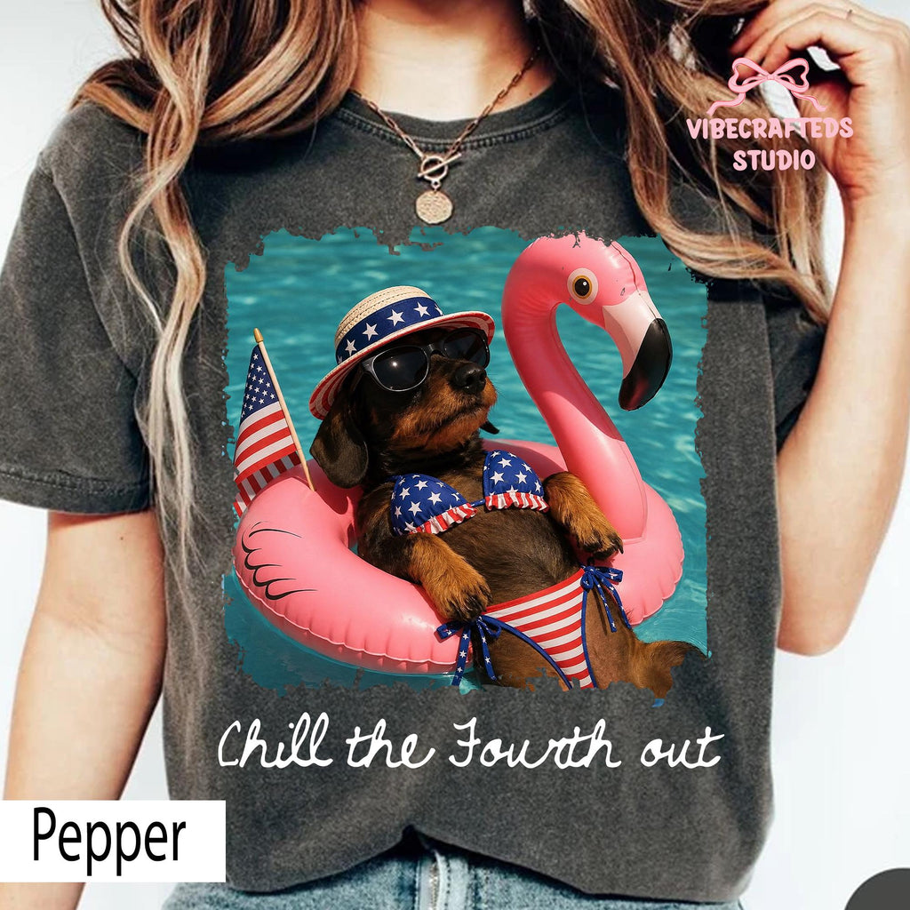 Chill Fourth Patriotic Dachshund Comfort Colors 4th July Tee Wiener Dog Usa Summer Pool Party Tee (1)