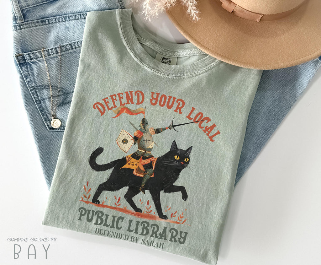 Comfort Colors Defend Local Public Library Knight Cat Tee Custom Book Lover Personalized Fantasy Reader (2)