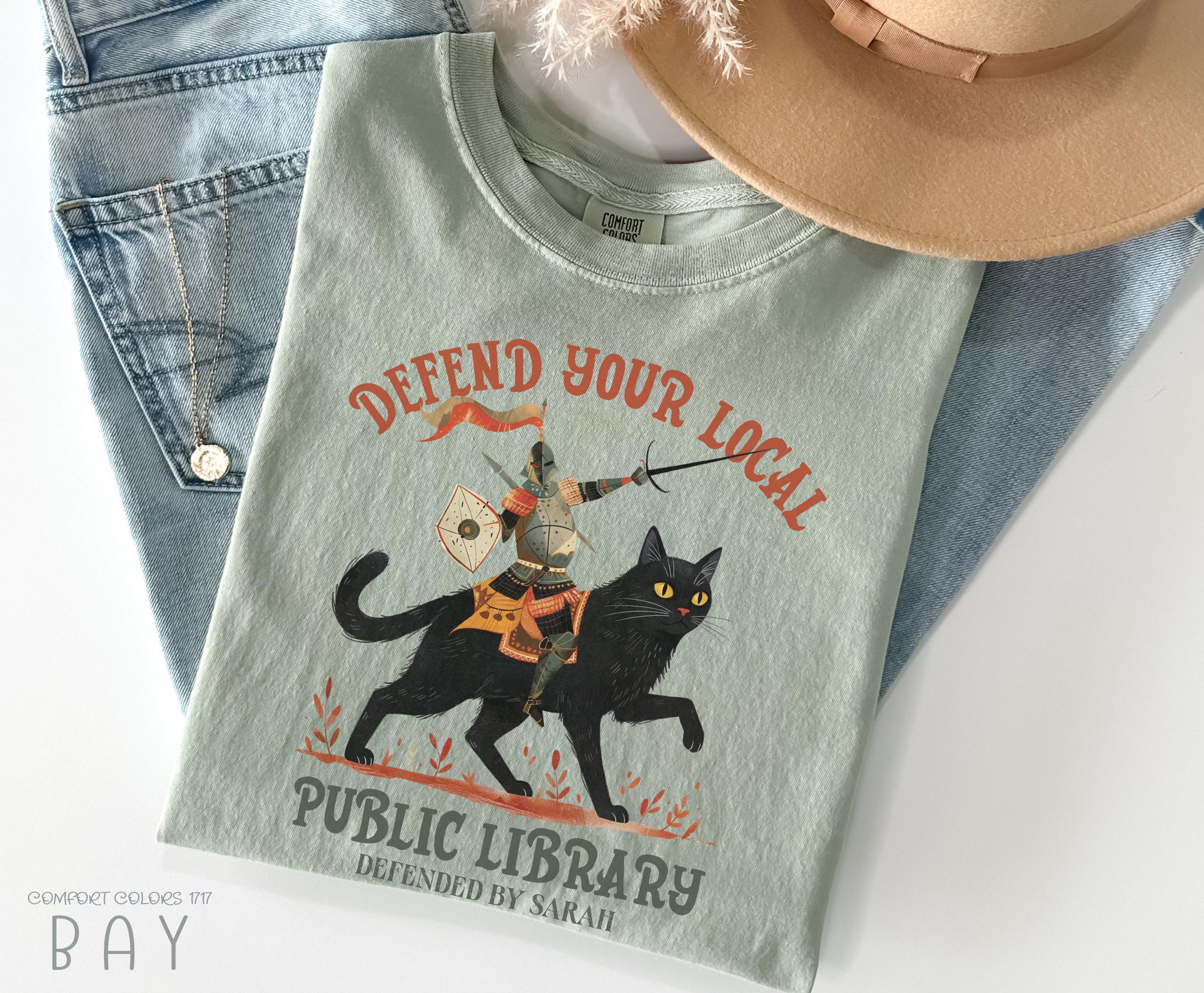 Comfort Colors Defend Local Public Library Knight Cat Tee Custom Book Lover Personalized Fantasy Reader (2)