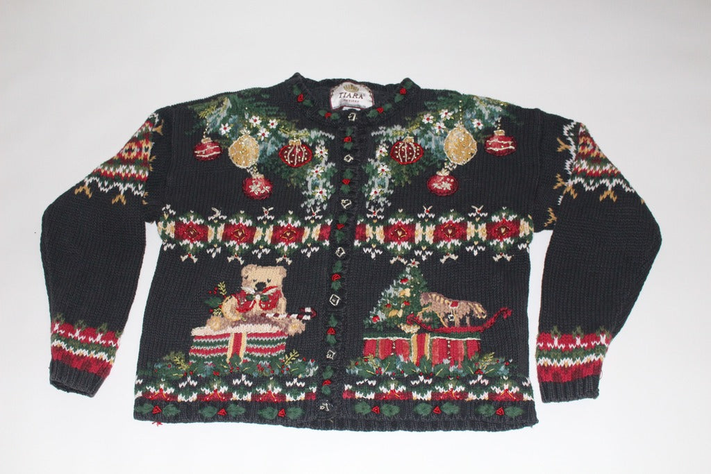Ready for Christmas with ornaments, bear and Christmas tree, Medium, Christmas sweater