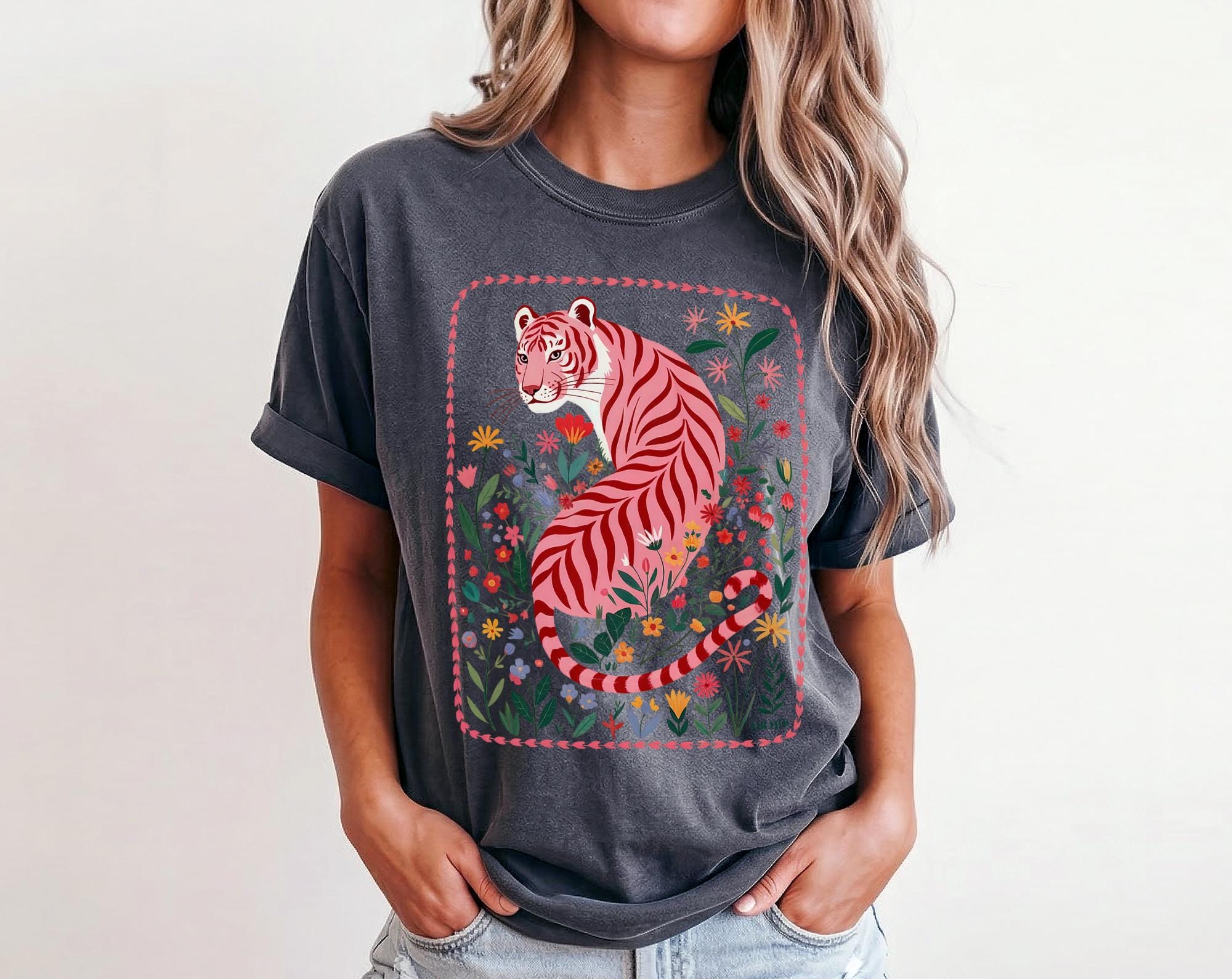 Pink Tiger Floral Comfort Colors Maximalist Wildflower Animal (4)