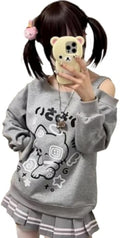 Y2K Off Shoulder Kawaii Cute Graphic Sweatshirt Casual Long Sleeves Hrajuku Tops Cat Print Pullover Sweatshirts