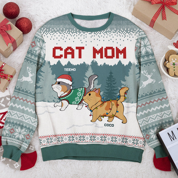 Cat Mom Cat Dad - Cat Personalized Custom Ugly Sweatshirt - Unisex Wool Jumper - Christmas Gift For Cat Lovers