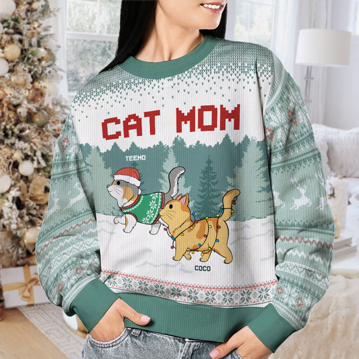 Cat Mom Cat Dad - Cat Personalized Custom Ugly Sweatshirt - Unisex Wool Jumper - Christmas Gift For Cat Lovers