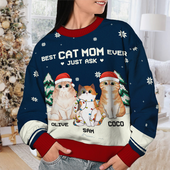 Best Cat Parents Ever - Personalized Custom Unisex Ugly Christmas Sweatshirt, Wool Sweatshirt, All-Over-Print Sweatshirt - Gift For Cat Lovers