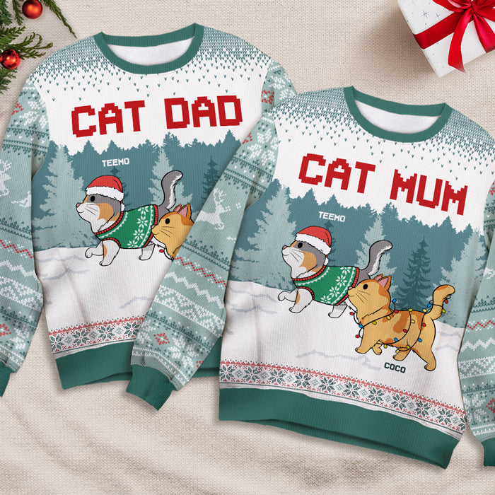 Cat Mom Cat Dad - Cat Personalized Custom Ugly Sweatshirt - Unisex Wool Jumper - Christmas Gift For Cat Lovers