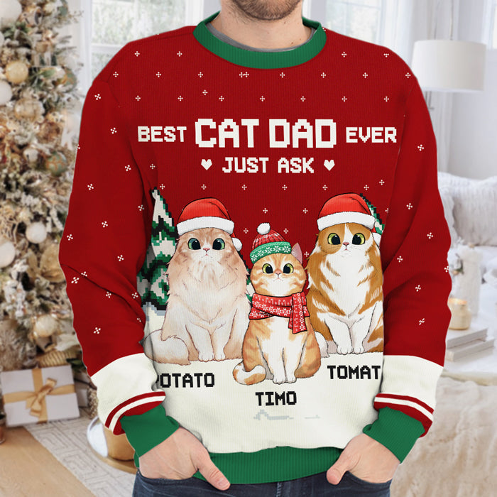 Best Cat Dad Ever - Personalized Custom Unisex Ugly Christmas Sweatshirt, Wool Sweatshirt, All-Over-Print Sweatshirt - Gift For Cat Lovers, Dad