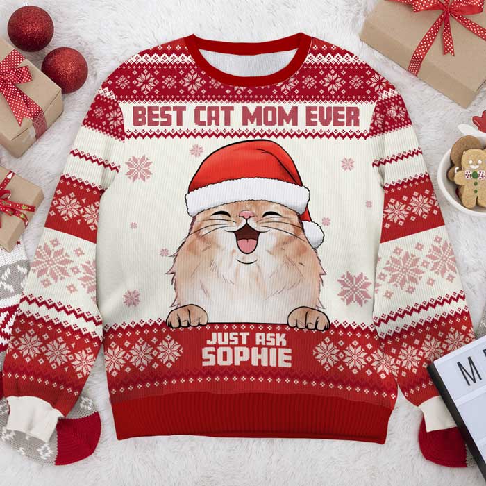 Best Cat Dad Ever - Personalized Custom Unisex Ugly Christmas Sweatshirt, Wool Sweatshirt, All-Over-Print Sweatshirt - Gift For Cat Lovers, Pet Lovers, Christmas Gift