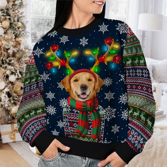 A Pet In Christmas Costume With Colorful Reindeer Antlers - Dog & Cat Personalized Custom Ugly Sweatshirt - Unisex Wool Jumper - Upload Image, Christmas Gift For Dog Lovers, Pet Lovers
