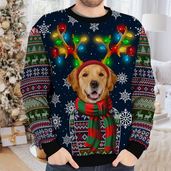A Pet In Christmas Costume With Colorful Reindeer Antlers - Dog & Cat Personalized Custom Ugly Sweatshirt - Unisex Wool Jumper - Upload Image, Christmas Gift For Dog Lovers, Pet Lovers