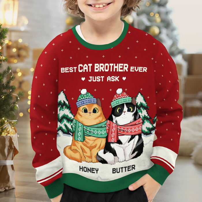 Best Cat Brother & Cat Sister Ever - Personalized Custom Unisex Ugly Christmas Sweatshirt, Wool Sweatshirt, All-Over-Print Sweatshirt - Gift For Cat Lovers, Kids