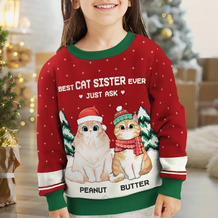 Best Cat Brother & Cat Sister Ever - Personalized Custom Unisex Ugly Christmas Sweatshirt, Wool Sweatshirt, All-Over-Print Sweatshirt - Gift For Cat Lovers, Kids