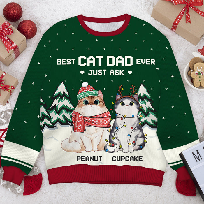 Best Cat Dad Ever - Personalized Custom Unisex Ugly Christmas Sweatshirt, Wool Sweatshirt, All-Over-Print Sweatshirt - Gift For Cat Lovers, Dad