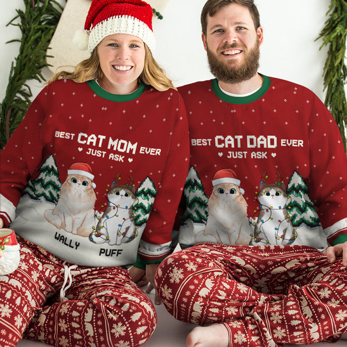 Best Cat Dad Ever - Personalized Custom Unisex Ugly Christmas Sweatshirt, Wool Sweatshirt, All-Over-Print Sweatshirt - Gift For Cat Lovers, Dad