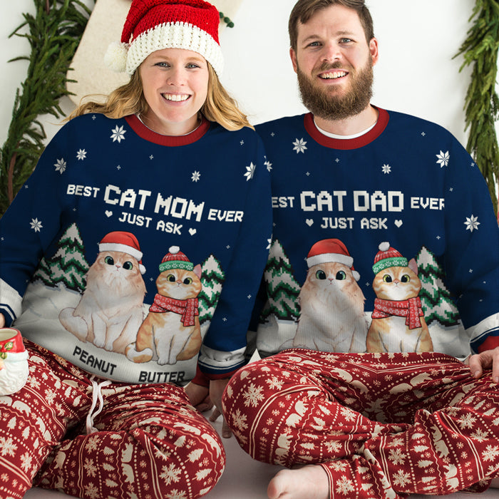 Best Cat Parents Ever - Personalized Custom Unisex Ugly Christmas Sweatshirt, Wool Sweatshirt, All-Over-Print Sweatshirt - Gift For Cat Lovers