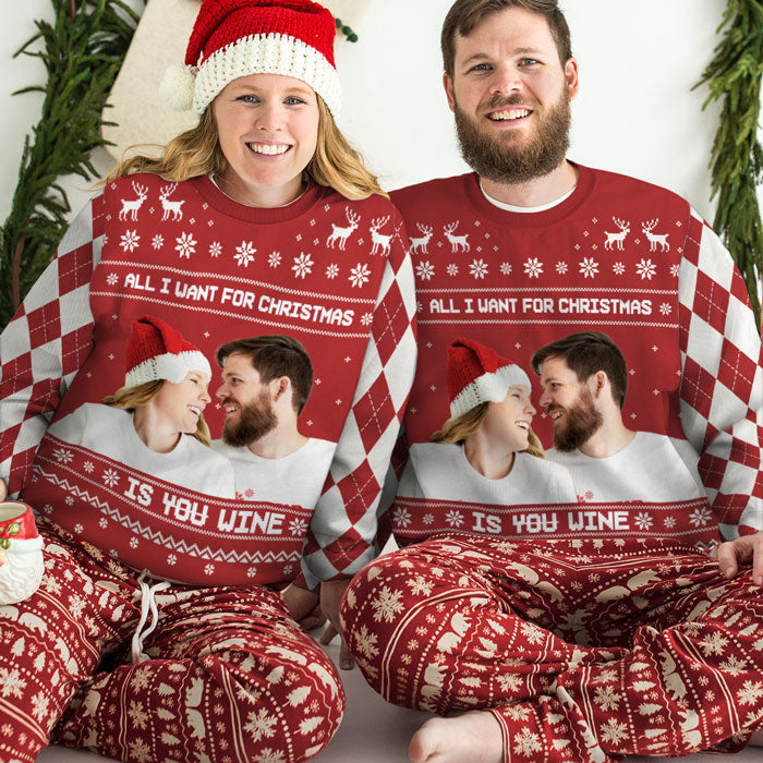 All I Want For Christmas - Personalized Custom Unisex Ugly Christmas Sweatshirt, Wool Sweatshirt, All-Over-Print Sweatshirt - Upload Image, Gift For Husband, Couple