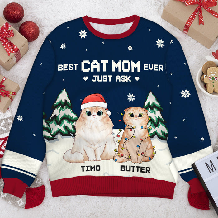 Best Cat Parents Ever - Personalized Custom Unisex Ugly Christmas Sweatshirt, Wool Sweatshirt, All-Over-Print Sweatshirt - Gift For Cat Lovers