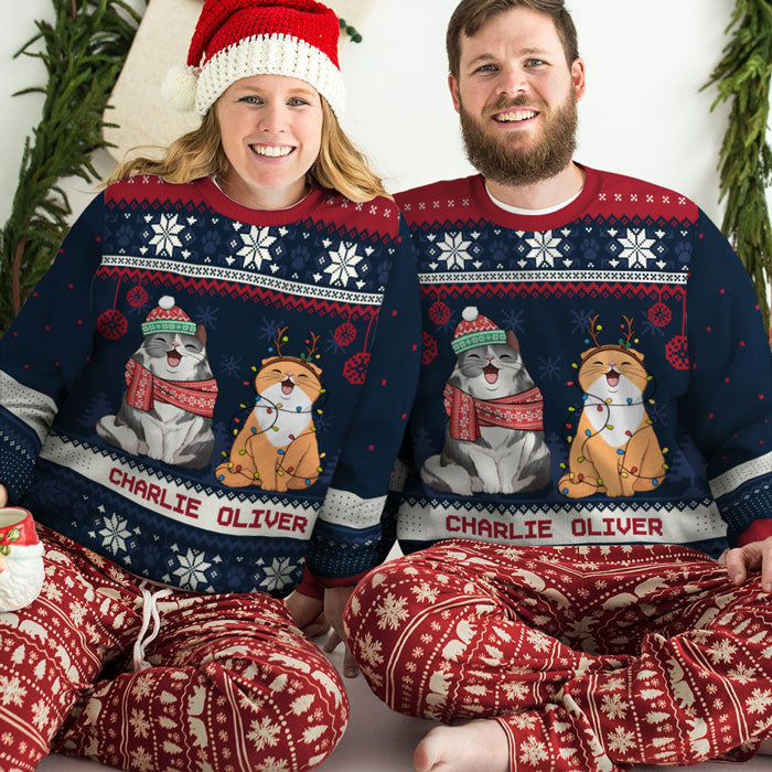 Christmas Cats - Personalized Custom Unisex Ugly Christmas Sweatshirt, Wool Sweatshirt, All-Over-Print Sweatshirt - Gift For Cat Lovers, Pet Lovers