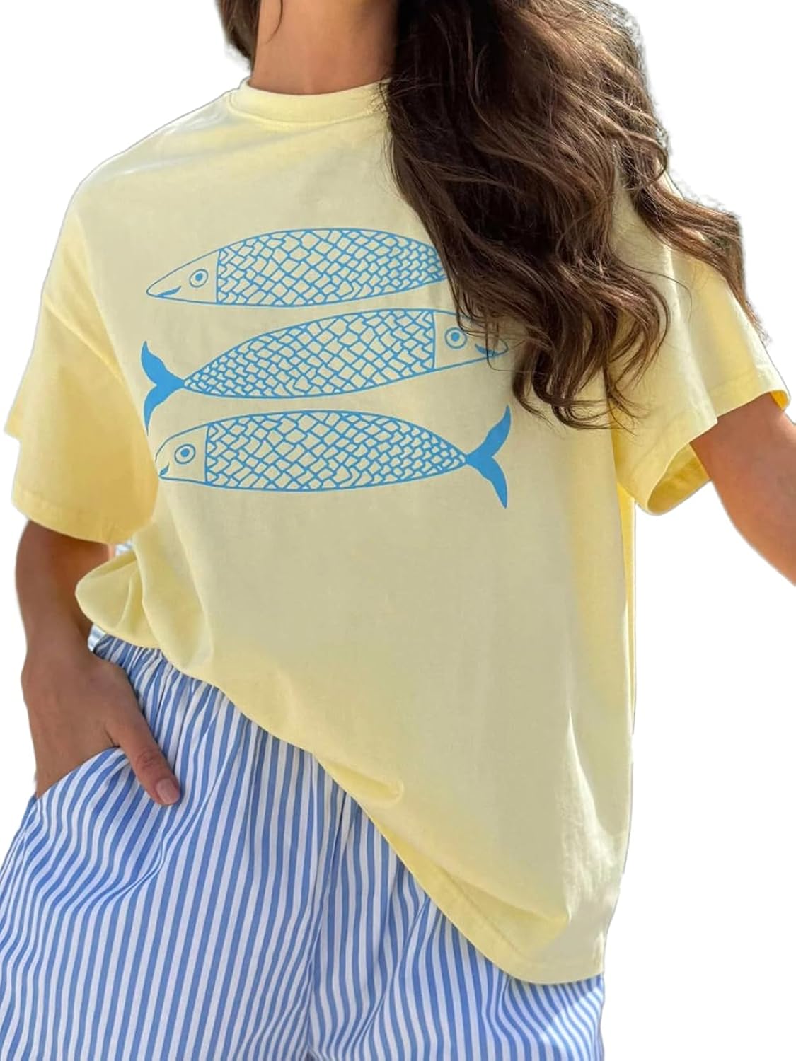 Y2k Women Lobster Graphic Oversized Tee Shirt Baggy Vintage Crayfish Sardine Print T Shirts for Teen Girls 90s Tops
