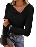 Women's Long Sleeve Asymmetrical Neck T Shirts 2026 Spring Fall Fashion Outfits Ruched Slim Fit Blouses Going Out Tops
