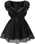 Women's Plus Size Y2K Gothic Sheer Lace Blouse Puff Short Sleeve Shirred Ruffle Peplum Tops