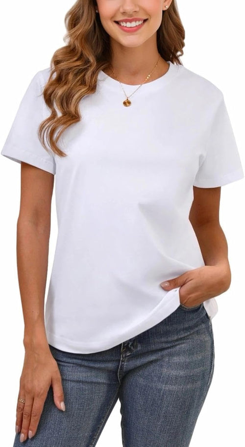 100% Cotton Basic T Shirts for Women Crew Neck Short Sleeve Summer Solid Loose Fit Plain Workout Tops, Undershirts