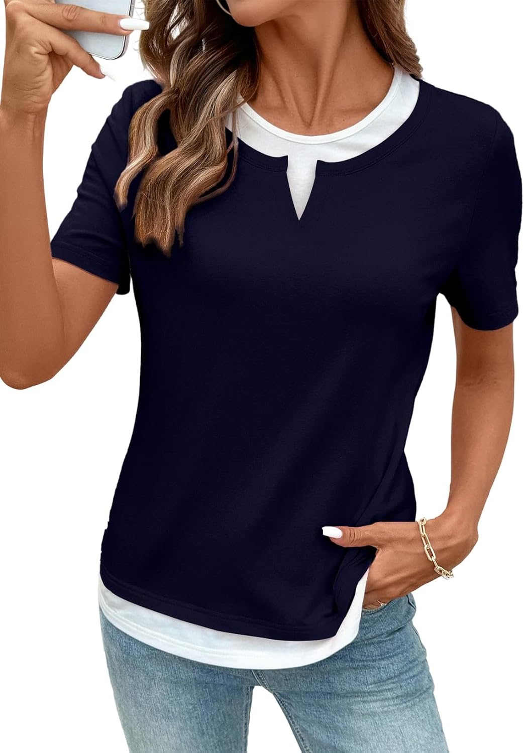 Womens Tops Casual Crewneck Color Block Short Sleeve Mock Double Layer T-Shirt Summer Outfits for Women 2026