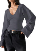 Women Sexy V Neck Cinched Waist Pullover Tee Tops Slim Fit Bell Sleeve Minimalist Ruched Going Out Blouse Shirts