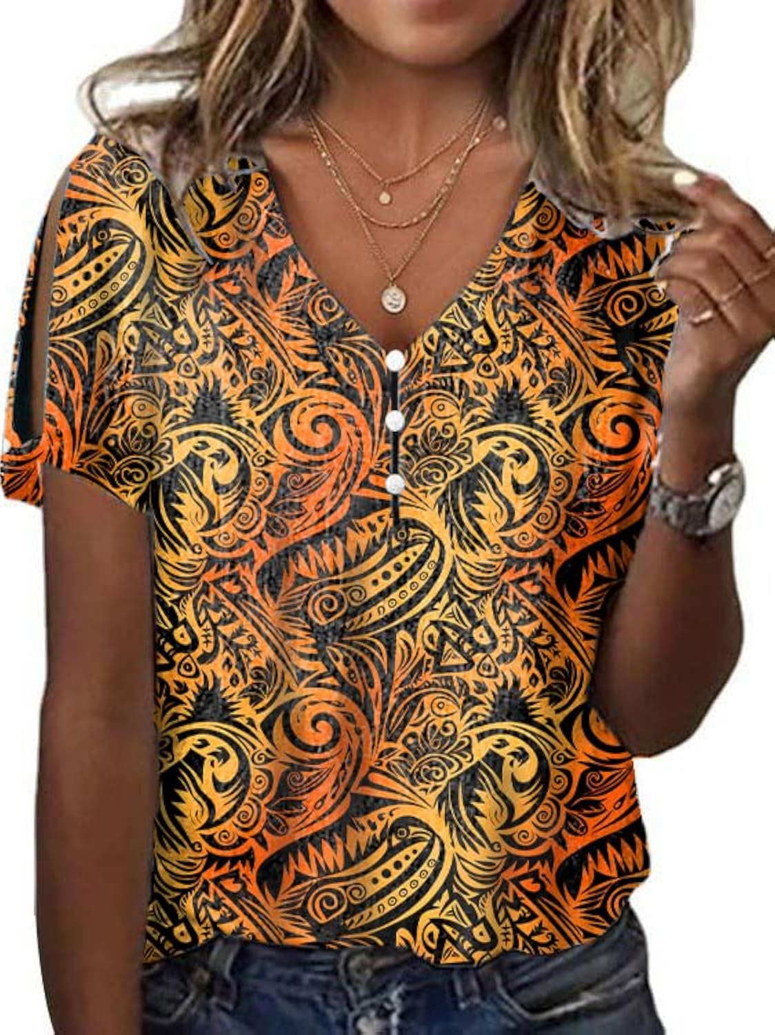 Boho Tops for Women Flower Print Fashion Summer Short Sleeve Tshirt Cute Casual Loose Fit Cold Shoulder Shirt Blouse