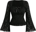Women's Plus Size Grunge Floral Mesh Flare Sleeve T Shirt Bow Tie Square Neck Concert Tee Tops