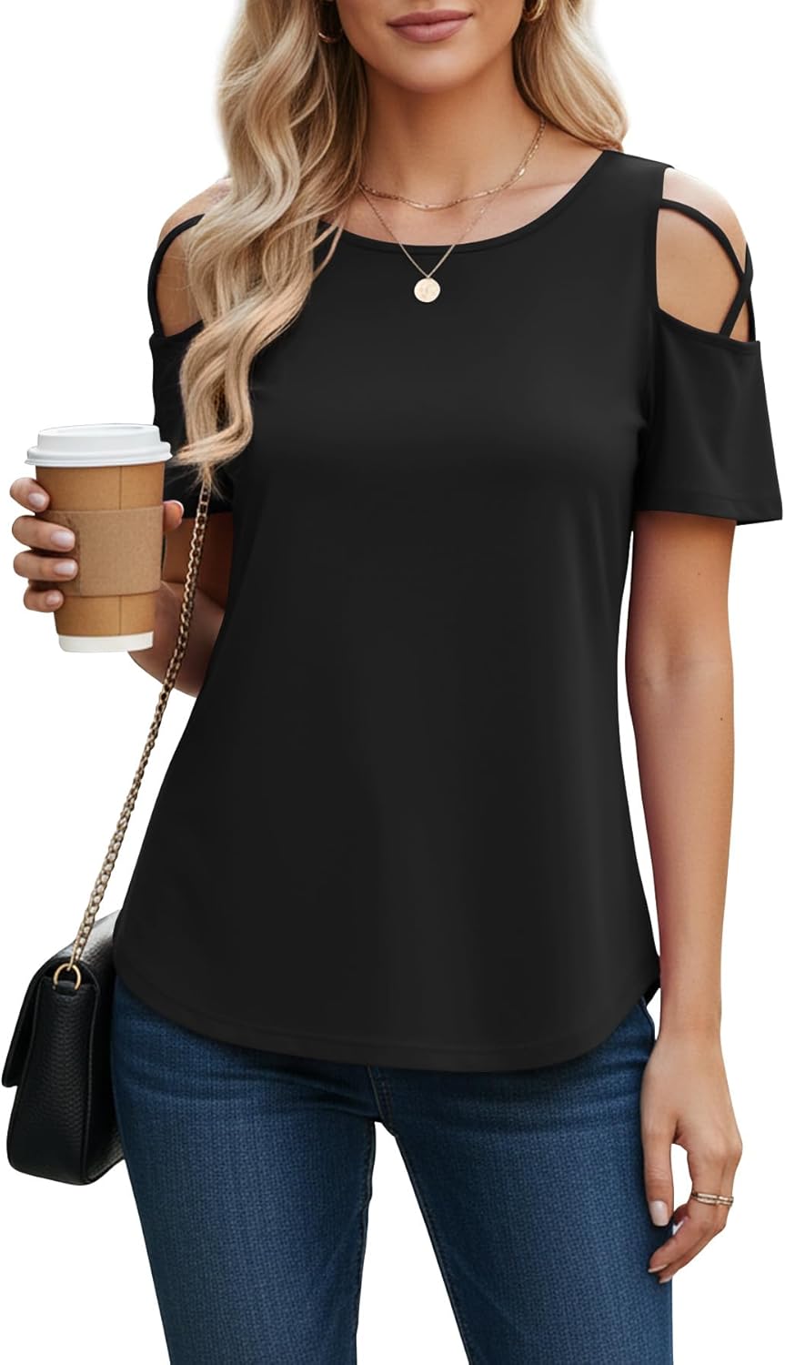 T Shirts for Womens Summer Tops Casual Strappy Cold Shoulder Tops Short Sleeve Blouses Ladies Basic Tunic