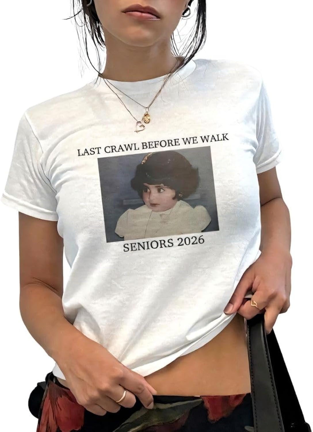 Last Crawl Before We Walk Grad Baby Tee - Custom Photo Senior Baby Tee Graduation 2026, Graduate Y2K Shirt Sorority Grad Personalized Graduation Gift A6 Black