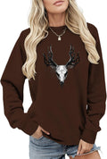 Women's Solid-Color Long-Sleeve Brown Pullover Sweatshirt with Anime-Inspired Cartoon Print and Front Pocket