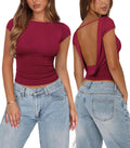 Womens Open Back Tops for Women Trendy Backless Shirt Short Sleeve Slim Fit Going Out Top Y2k Basic Clothes