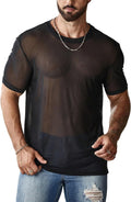 Men's Sheer Mesh Short Sleeve Round Neck T Shirts Solid Plain See Through Party Tops