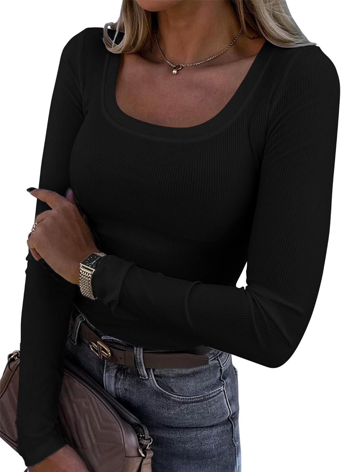 Womens Long Sleeve Scoop Neck Ribbed Knit Fitted Casual Tops Tee Slim Basic Shirts