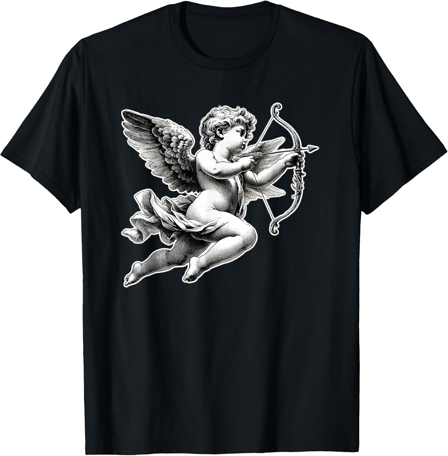 Cupid Angel Cherub Blackwork T-Shirt - Women's Classic Fit V-Neck Short Sleeve - Black - Small