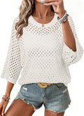 Womens Sweaters Crew Neck 3/4 Length Sleeve Crochet Tops Knit Beach Cover Ups Spring Outfits for Women