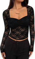 Womens Sexy Sheer Mesh Tops Floral Lace Long Sleeve Shirts Low Cut Slim Fitted Outfits See Through Going Out Blouses