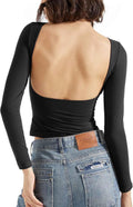 Women Backless Going Out Tops Double Lined Open Back Basic Long Sleeve