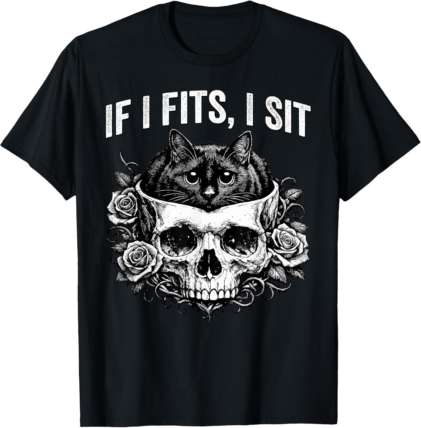 Gothic Black Cat Skull Minimalist Humor If I Fits I Sit T-Shirt