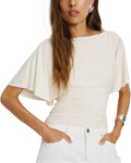 Women Cinched Waist Shirts Stretchy Dolman Sleeve Boat Neck Knit Top Trendy Streetwear Outfits Basic Workout Tee Tops(Cream,M)