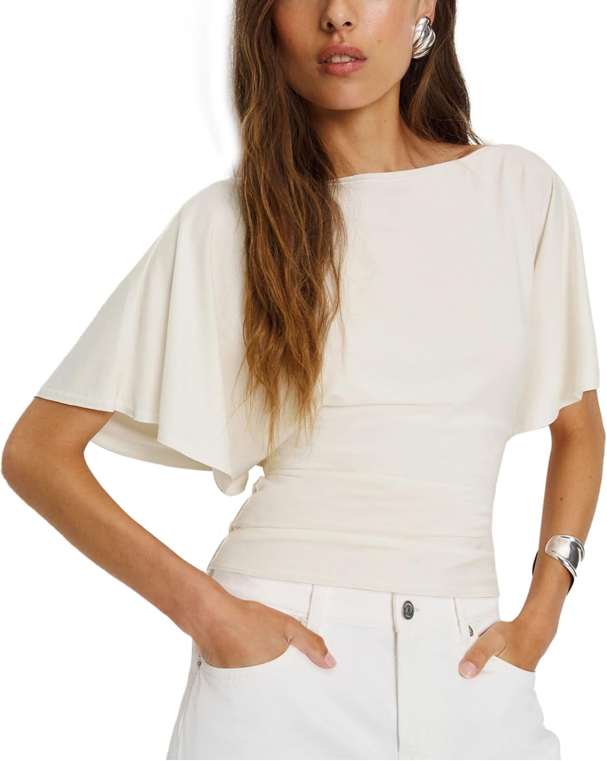 Women Cinched Waist Shirts Stretchy Dolman Sleeve Boat Neck Knit Top Trendy Streetwear Outfits Basic Workout Tee Tops(Cream,M)