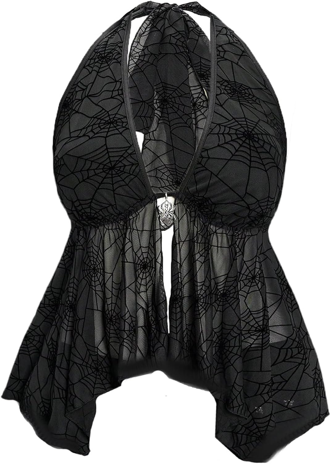 Women's Plus Size Y2k Goth Halter Top Spiderweb Mesh Sheer Rave Club Backless Peplum Tops