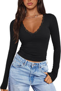 Women Sexy V Neck Lace Long Sleeve Shirts Basic Fitted Double Lined Going Out Y2K Trendy Fall Tops