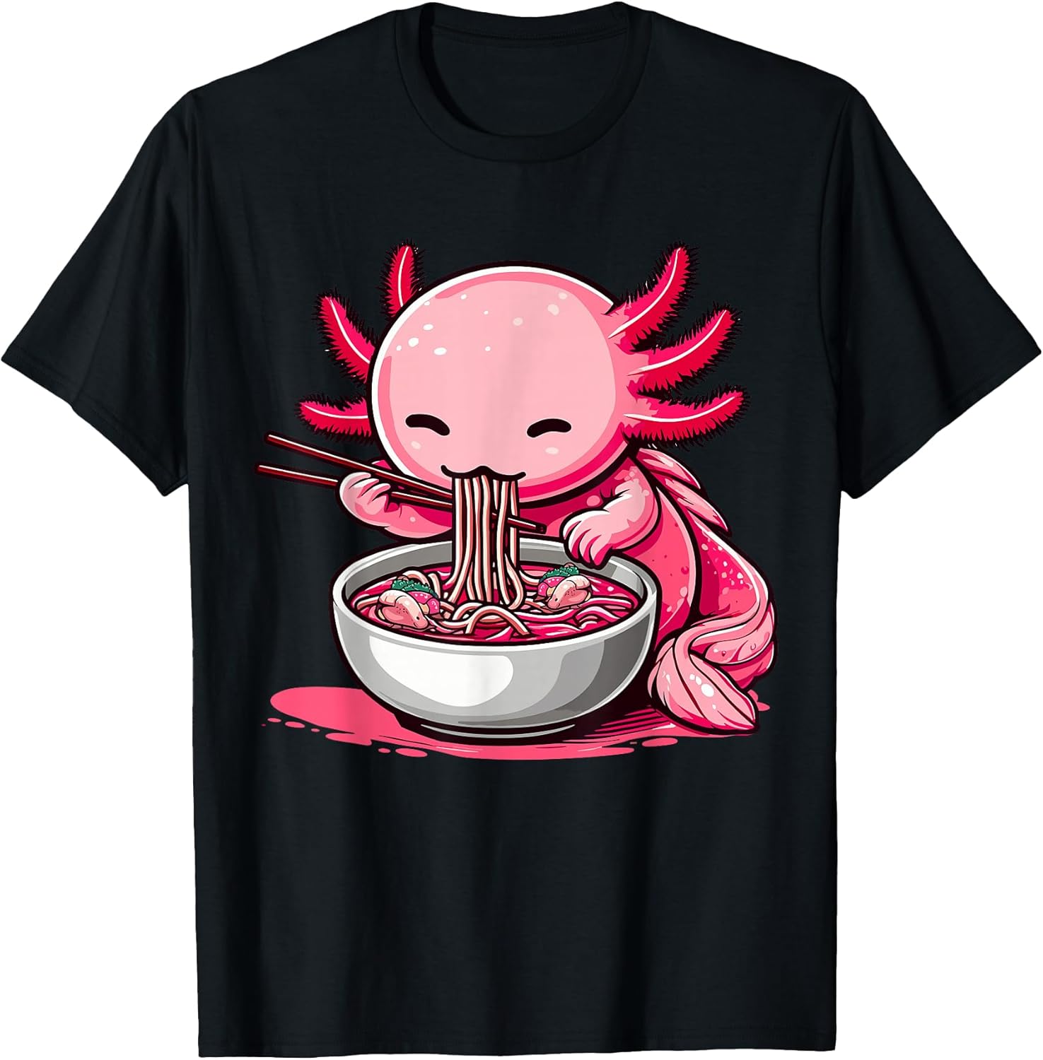 Funny Axolotl Noodle Gifts Anime Kawaii Axolotl Eating Ramen Noodles Unisex Kids Teen Adult T-Shirt Black Small