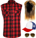 80s Costume for Men Blonde Mullet Wig Men Flannel Plaid Sleeveless Plus Size Vest Metal Frame Blonde Sunglasses Hat(Red,Large Shirt)