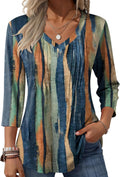 3/4 Length Sleeve Womens Tops Casual V Neck Pleated Top Boho Floral Blouses Work Shirts