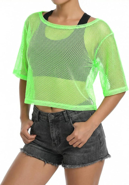 1 Pc 80s Neon Shirts for Women, Fishnet Mesh Neon Green Top, Neon Party Clothes for Women Masquerade Disco Party (23.6 in Bust, 20.5 in Length)