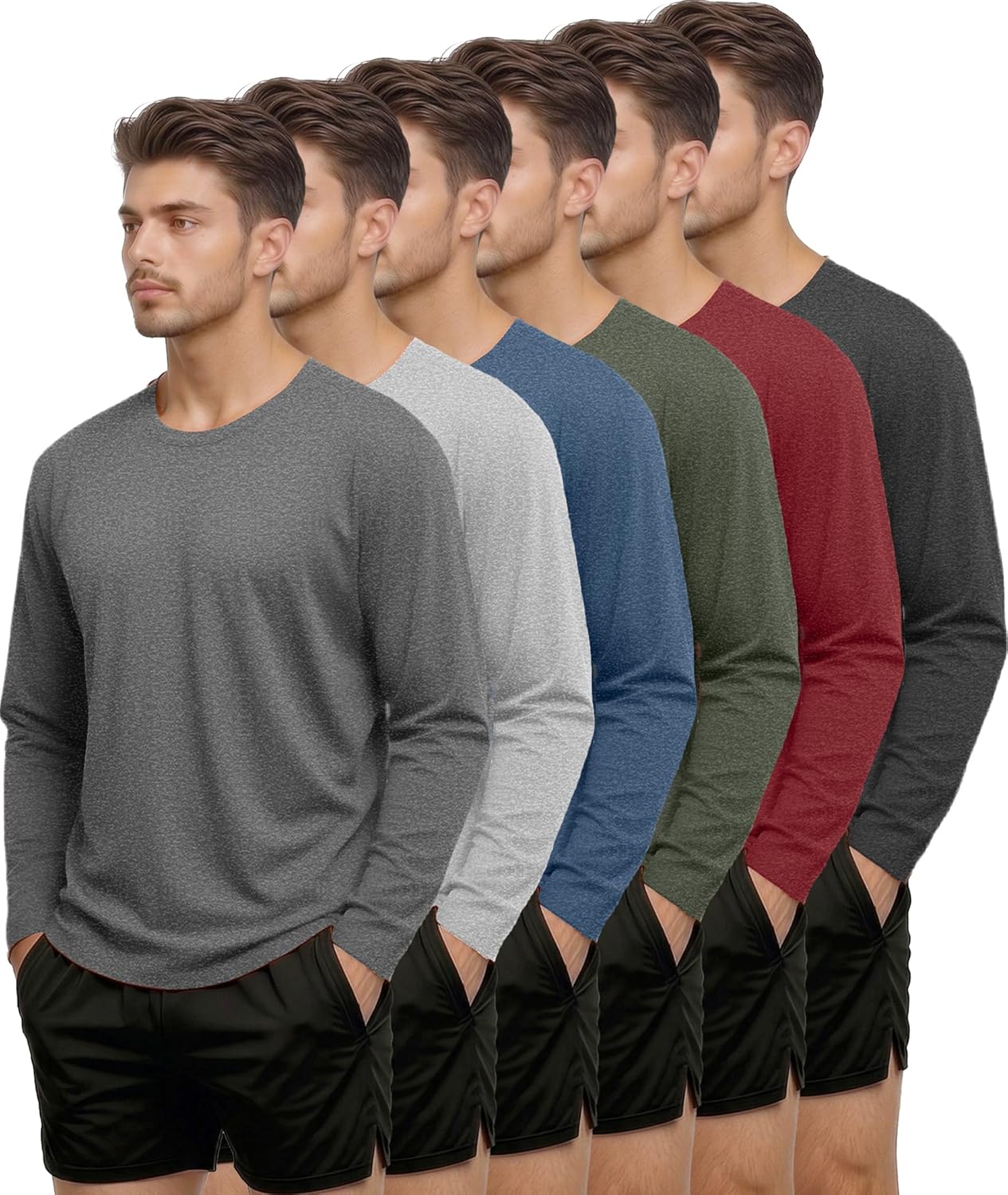 6 Pack Long Sleeve Shirts for Men Dry Fit UPF 50+ Athletic Gym SPF UV Sun Protection Workout Tee Shirts